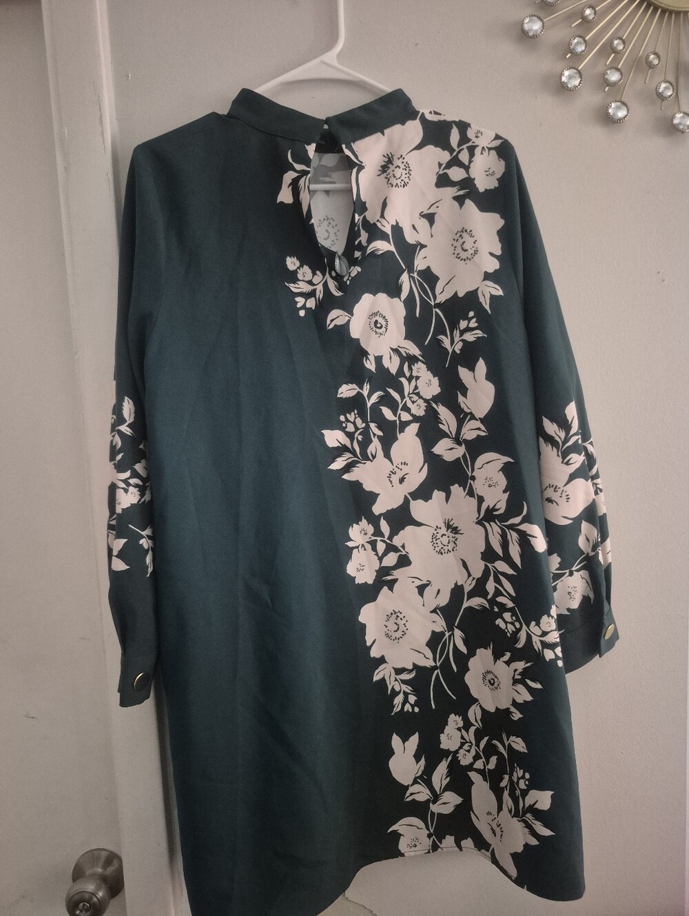 Zara Dark Green Long Sleeve Floral Tunic Dress with Cream Print